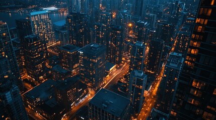 Fototapeta premium A city lit up at night, photographed from a tall building, with bright urban lights creating a dynamic atmosphere