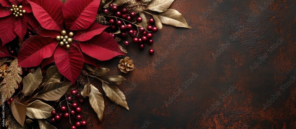 Poster beautiful rustic christmas floral display featuring burgundy poinsettia gold berries and sparkling l