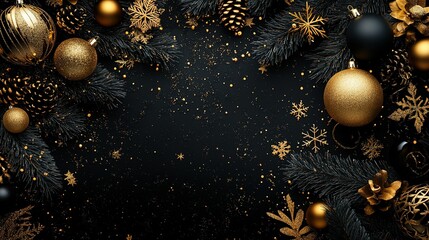 Elegant black background with golden Christmas decorations, pinecones, and snowfall effects for festive celebrations
