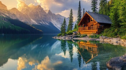 Fototapeta premium A cozy cabin overlooking a serene lake and mountains, capturing the beauty of nature