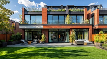 Obraz premium Modern Brick Townhouse with Patio and Garden