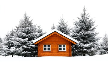 Cozy wooden cabin surrounded by snowy trees.