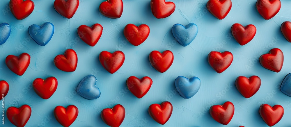 Poster Valentine s Day backdrop featuring red hearts on a blue background Flat lay top view. with copy space image. Place for adding text or design