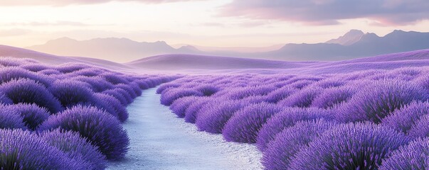Obraz premium A road through a field of lavender, colorful and fragrant, serene landscape, isolated on white background