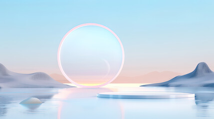 minimalist podium for product presentation against the background of mountains and seas