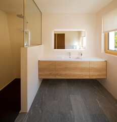 Front view of a modern bathroom with a wooden cabinet with a sink and a shower. Bright window, no one inside