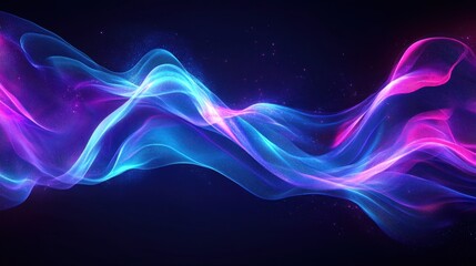 Abstract Blue and Pink Neon Light Waves with Glowing Particles on a Black Background.