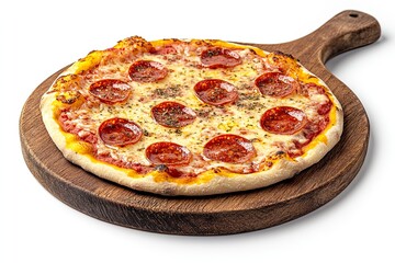 A delicious pepperoni pizza on a wooden board.