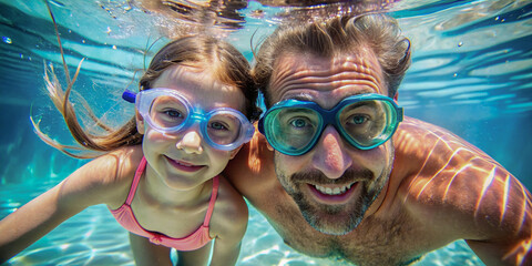 Naklejka premium A girl with her father in goggles swims underwater in clear water and looking at camera. Happy vacation with family.