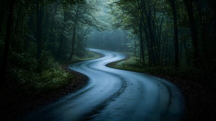 Fototapeta premium Winding forest road leading through a dense lush landscape symbolizing the unknown path ahead and the sense of adventure and discovery on a transformative journey with copy space for text overlay
