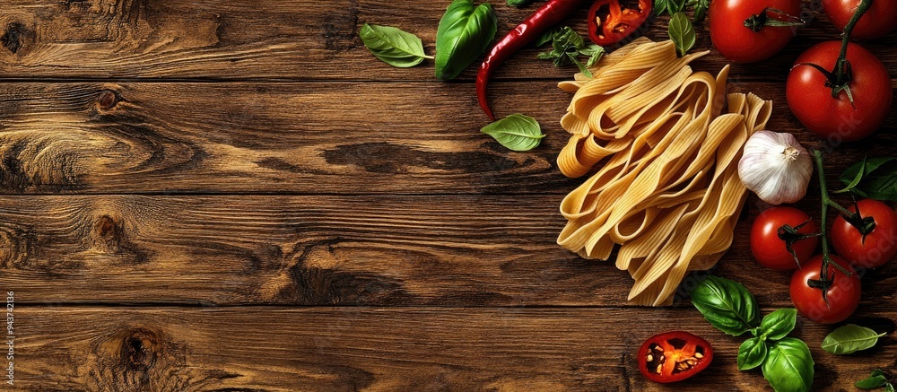Aufkleber fresh tomato uncooked pasta basil red chili garlic onion sweet green pepper on a brown wooden surface from above. with copy space image. Place for adding text or design