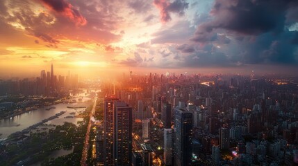 Fototapeta premium A dynamic time-lapse of a city as it shifts from day to night, illustrating the pulse of urban growth.