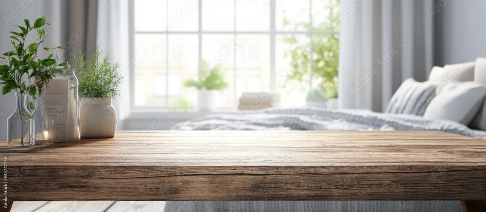 Poster Table top and blurred background in the bedroom. with copy space image. Place for adding text or design