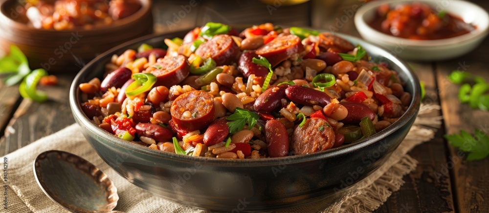 Aufkleber Southern Red Beans and Rice with Sausage Meal. with copy space image. Place for adding text or design