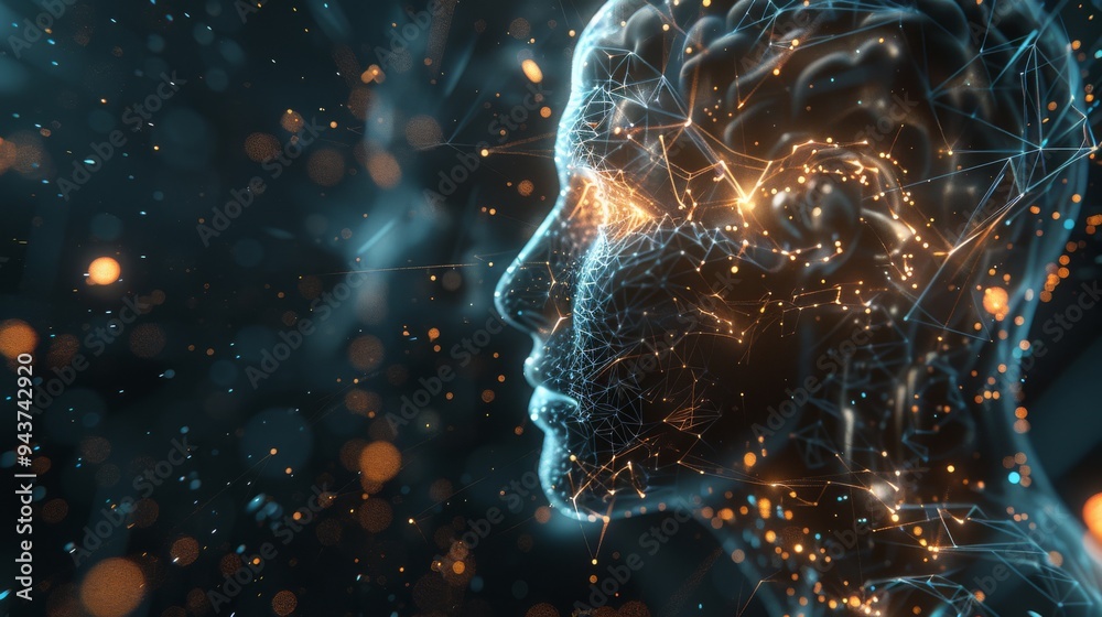 Poster futuristic human head with an intricate light network inside the brain, surrounded by a dark, digita