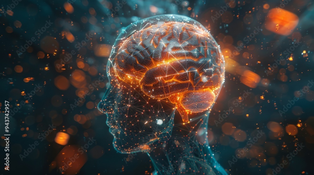 Poster futuristic human head with an intricate light network inside the brain, surrounded by a dark, digita