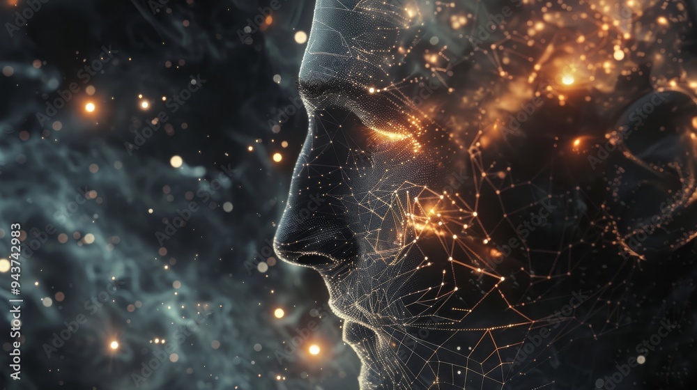 Poster futuristic human head with an intricate light network inside the brain, surrounded by a dark, digita