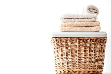 Towels stacked on a wicker laundry basket.