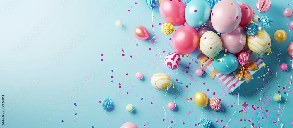 Poster birthday party flat lay featuring vibrant balloons and confetti spilling out of a gift box. with cop