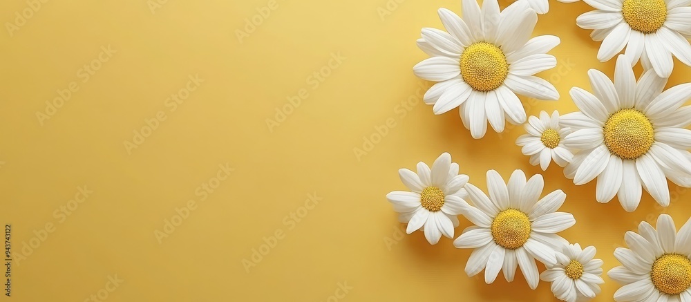 Poster White chamomile flowers rest on a yellow background. with copy space image. Place for adding text or design