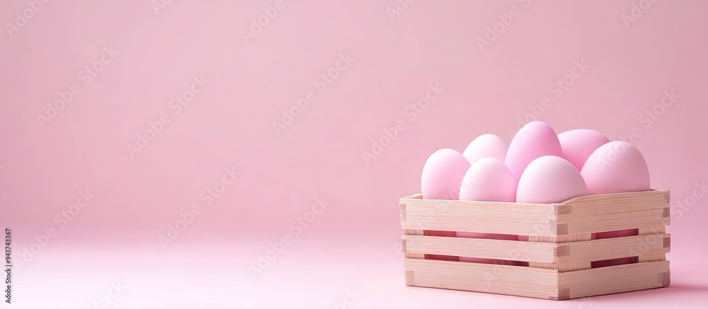 Leinwandbilder pink easter eggs in a wooden basket minimal easter concept eggs in a box on a pink backdrop flat lay