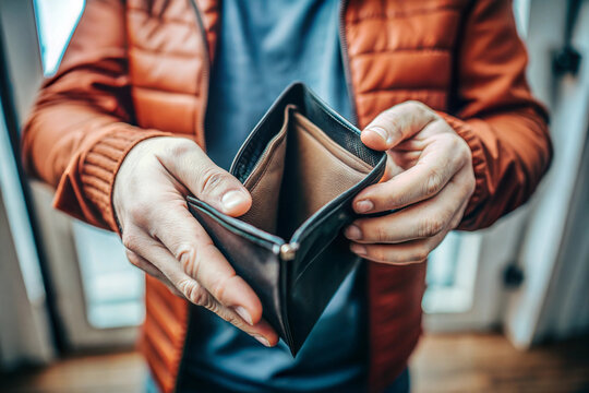 Family Bankruptcy. A poor man holding an empty wallet at home, close up. Low angle. family bankruptcy concept.