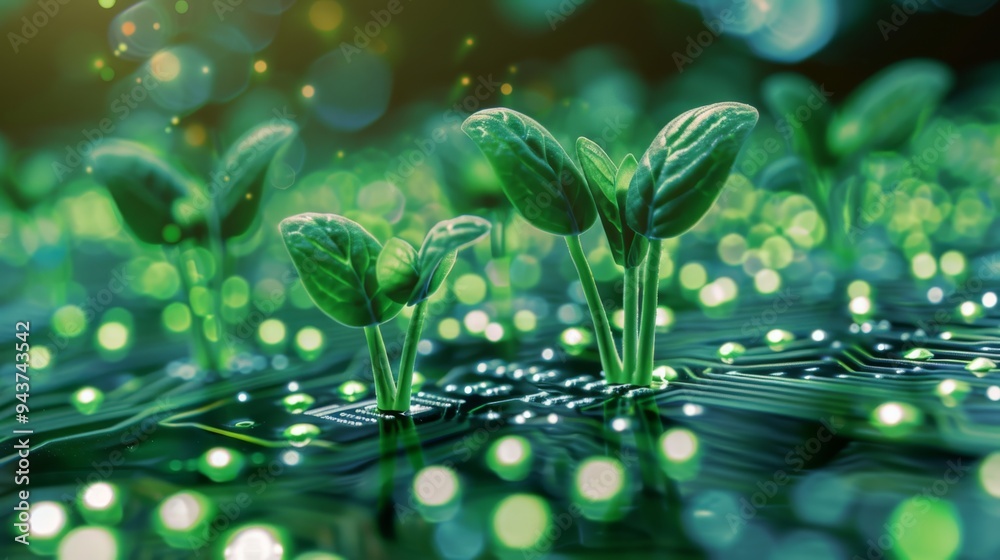 Poster glowing green plants sprouting from computer chips, blurred circuit board background