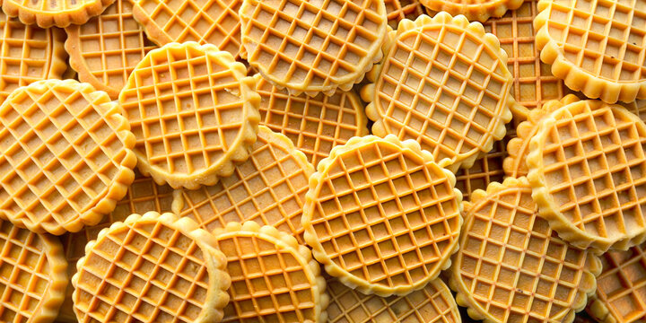 Top view of many waffle baked eggo households favored frozen eggo waffles. Waffles as background. Banner, advertisement, template.