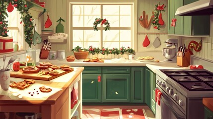A cozy kitchen adorned with festive decorations, baking cookies and holiday treats during a winter afternoon