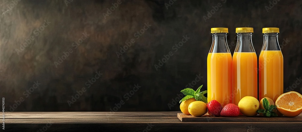 Poster homemade fresh squeezed juice in bottles. with copy space image. place for adding text or design