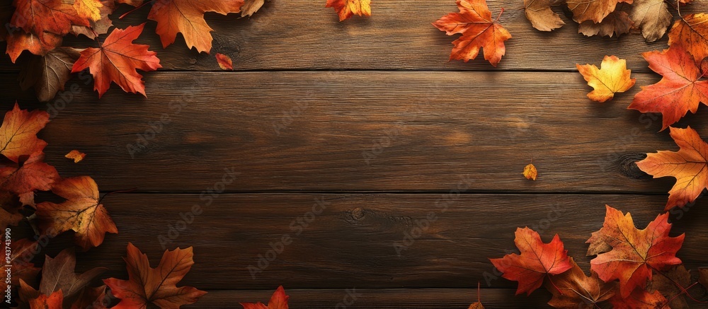 Leinwandbilder autumn maple leaves on a wooden surface space for a written message. with copy space image. place fo