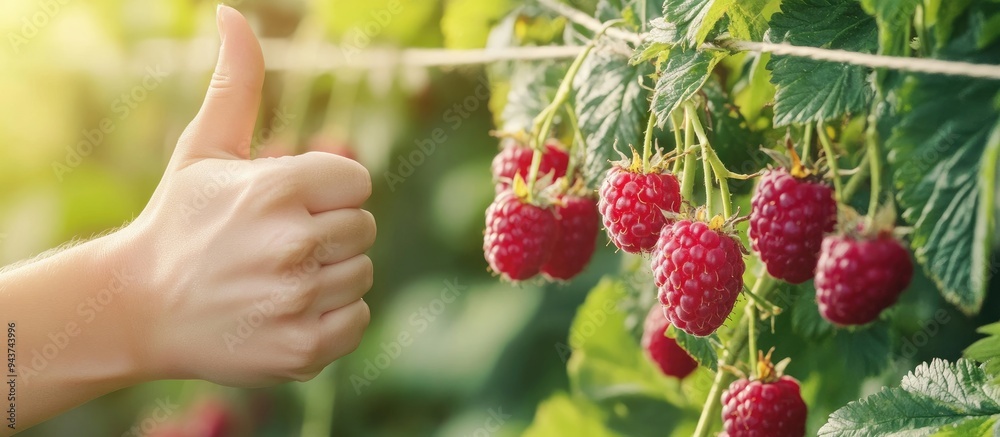 Poster hand giving a thumbs up for gardening in spring raspberry bush in the garden tied to a trellis with 