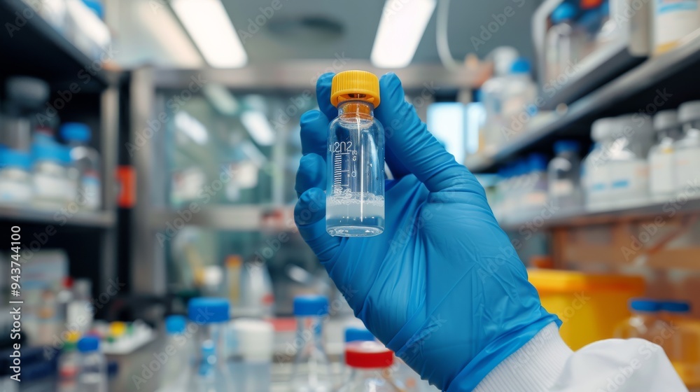 Poster hands of a scientist holding a vial of biotechnological solution with lab equipment and glassware vi