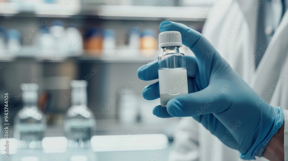 Aufkleber Hands of a scientist holding a vial of biotechnological solution with lab equipment and glassware visible in the background.