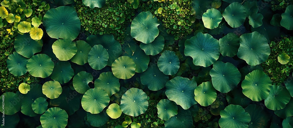 Leinwandbilder aerial perspective of lotus plants in a park. with copy space image. place for adding text or design