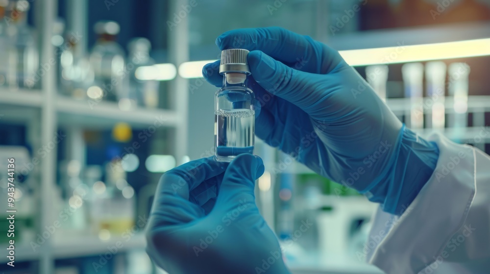 Poster Hands of a scientist holding a vial of biotechnological solution with lab equipment and glassware visible in the background.
