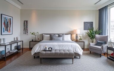 Fototapeta premium Modern Bedroom with King-Size Bed and Comfortable Grey Armchair