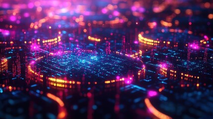 Obraz premium Abstract Digital Cityscape with Neon Lights, Futuristic Technology, and Vibrant Colors.