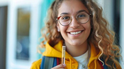 Happy student with backpack and test tube in hand