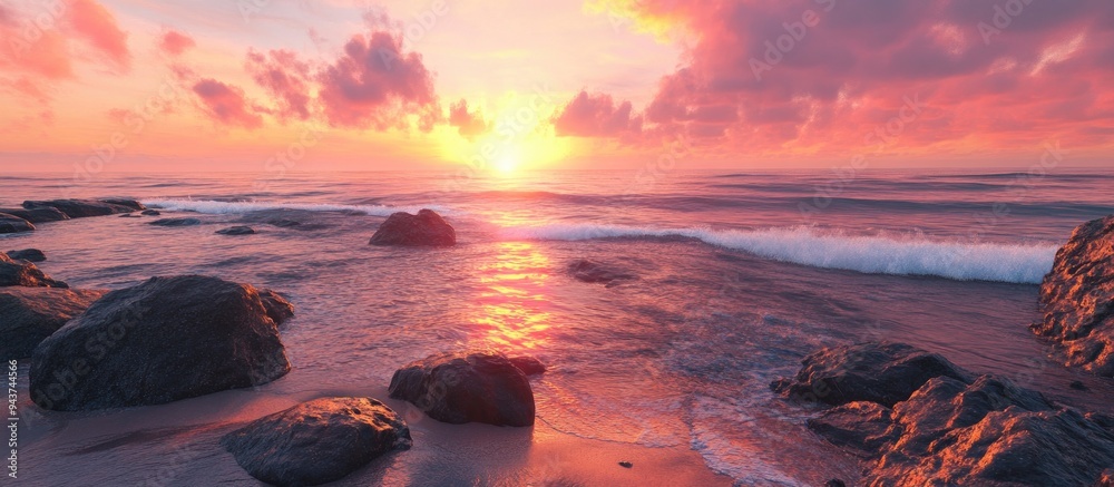 Aufkleber sunset on rocks by the ocean. with copy space image. Place for adding text or design