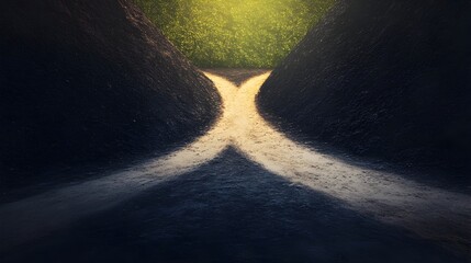 A road splitting into two distinct paths one light and one dark represents the moral choices and decisions individuals face in their life s journey