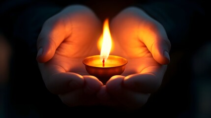 Cupped hands gently holding and nurturing a small fragile flame symbolizing the delicate nature of hope and the desire to protect and cultivate it with care and devotion