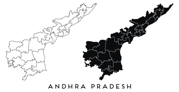 Andhra Pradesh map of regions districts vector black on white and outline