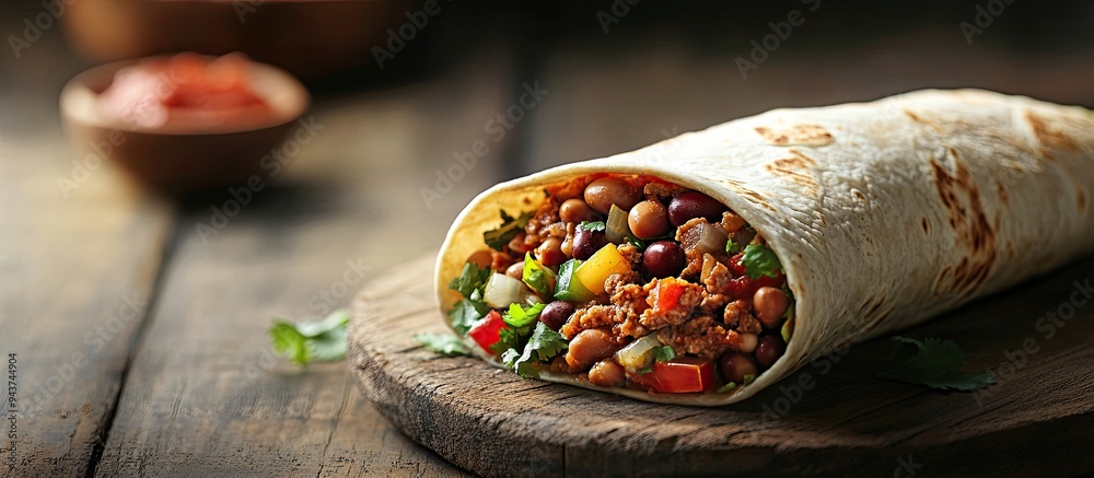 Aufkleber burrito wraps filled with minced meat beans and vegetables a traditional mexican dish. with copy spa