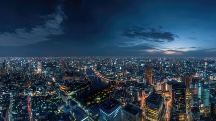 A panoramic nighttime cityscape from a tall building, highlighting the beauty and energy of urban lights