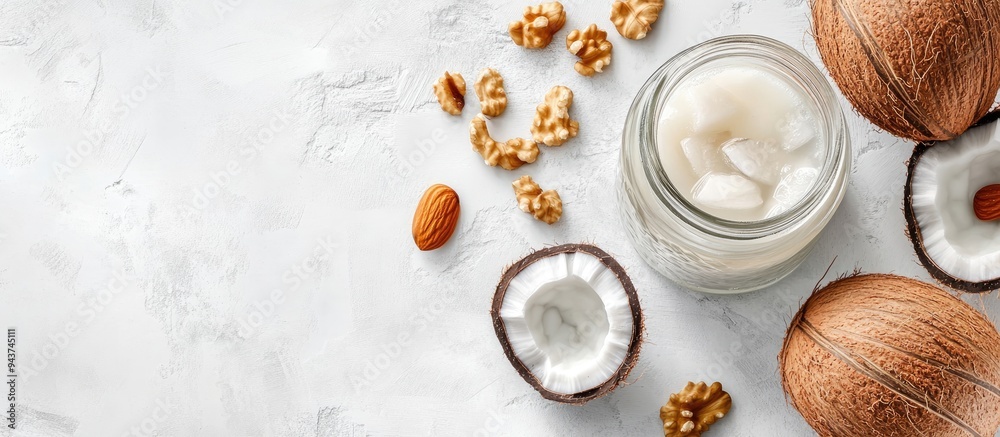 Aufkleber Mason jar filled with coconut water and fresh nuts on a table top view. with copy space image. Place for adding text or design