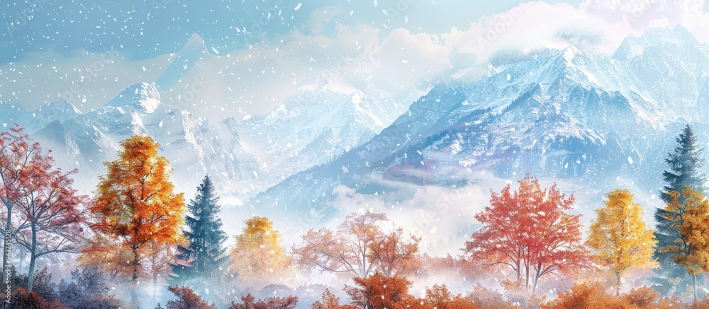 Fototapete Autumn Transitions to Winter on the Trees and Mountains. with copy space image. Place for adding text or design