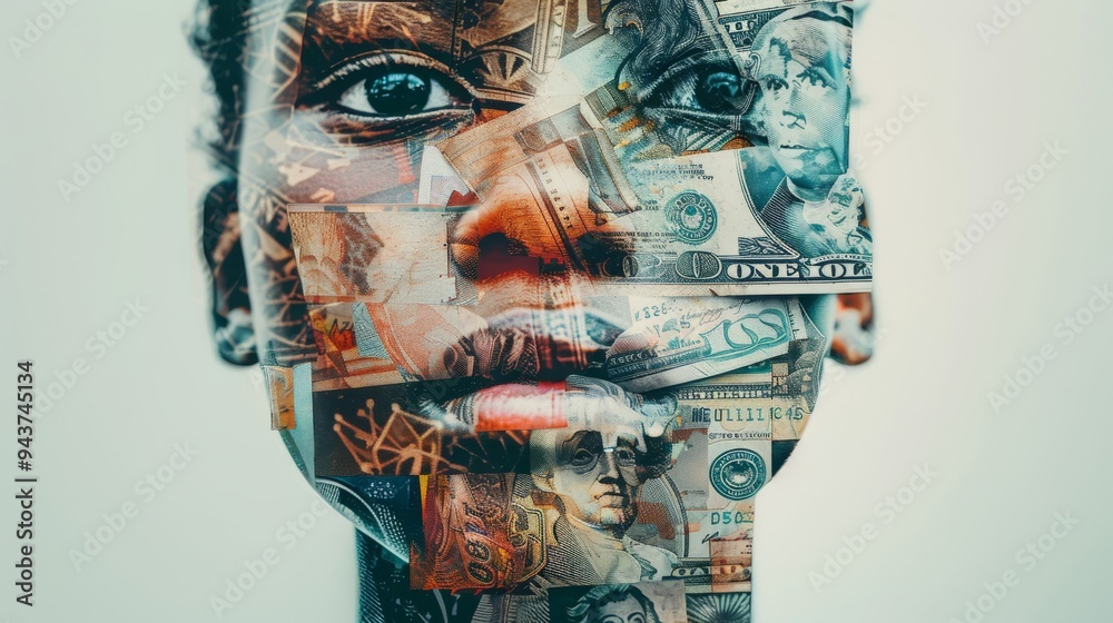 Aufkleber human face designed using a collage of different currencies, highlighting the blend of textures and 