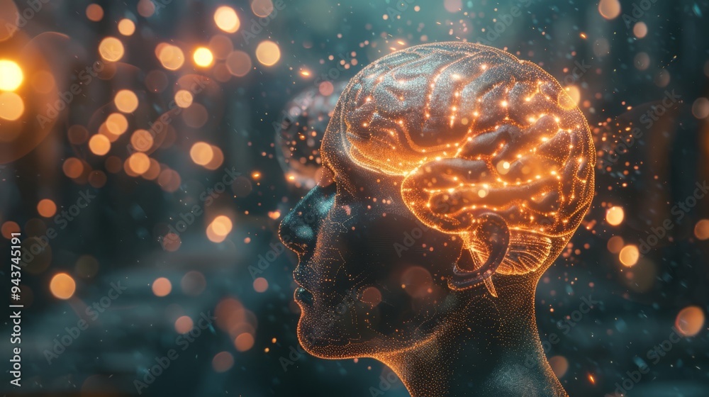 Aufkleber human head featuring a brain that glows with futuristic lights, contrasted with a modern, tech-orien