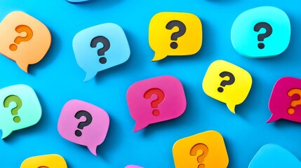 Colorful speech bubbles with question marks fill the image. This playful and vibrant design is perfect for illustrating inquiry or curiosity in a modern style. 